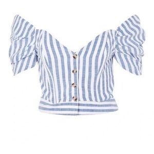 Topshop Blue & White Striped Off-Shoulder Puff Sleeve Crop Top